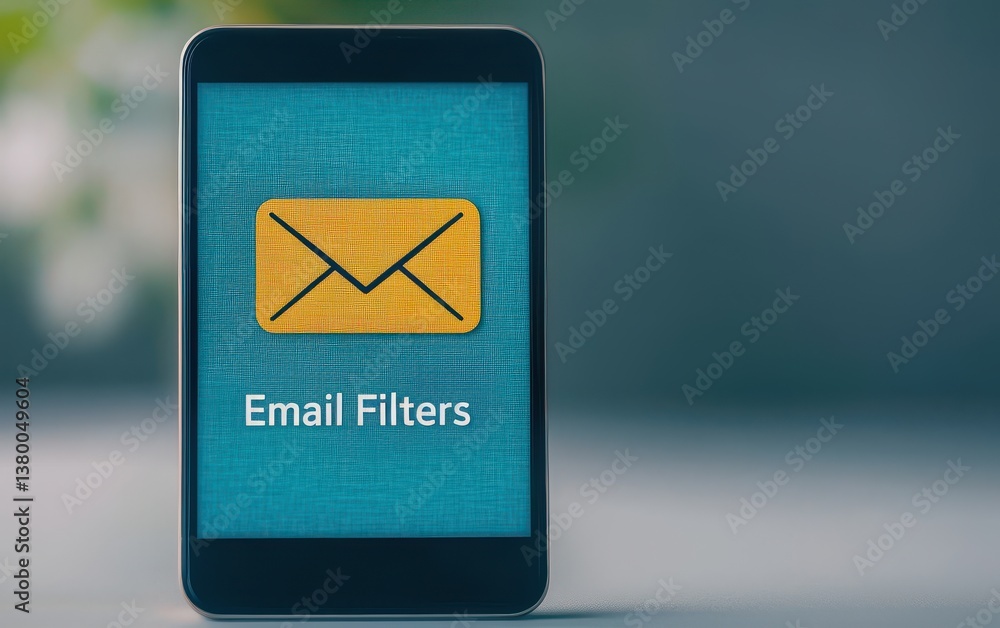 Poster a smartphone displaying an icon for email filters, emphasizing digital communication management and 