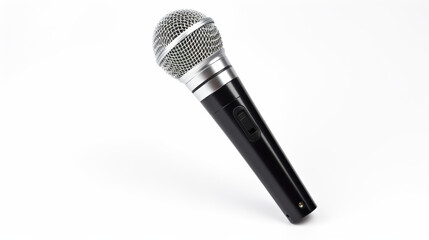 Single black handheld microphone rests diagonally. The microphone has a silver metal mesh grill and a switch on its black body. Isolated on white