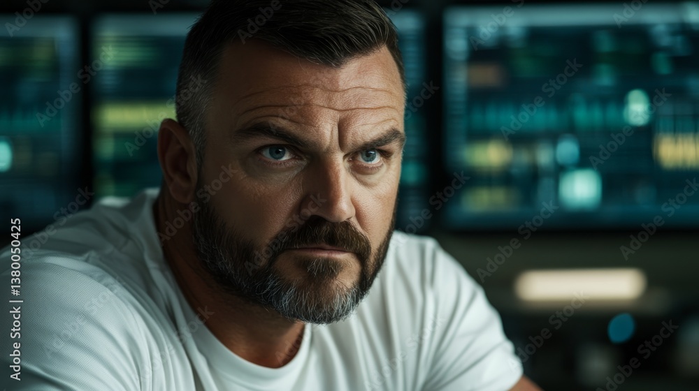 Poster Technician concentrates deeply on a computer screen inside a mission control room with blurred data displays in the background, demonstrating high-tech environment