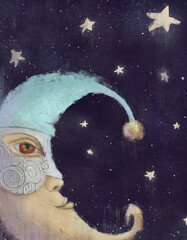 an old-style illustration. moon in a nightcap in the night sky with stars