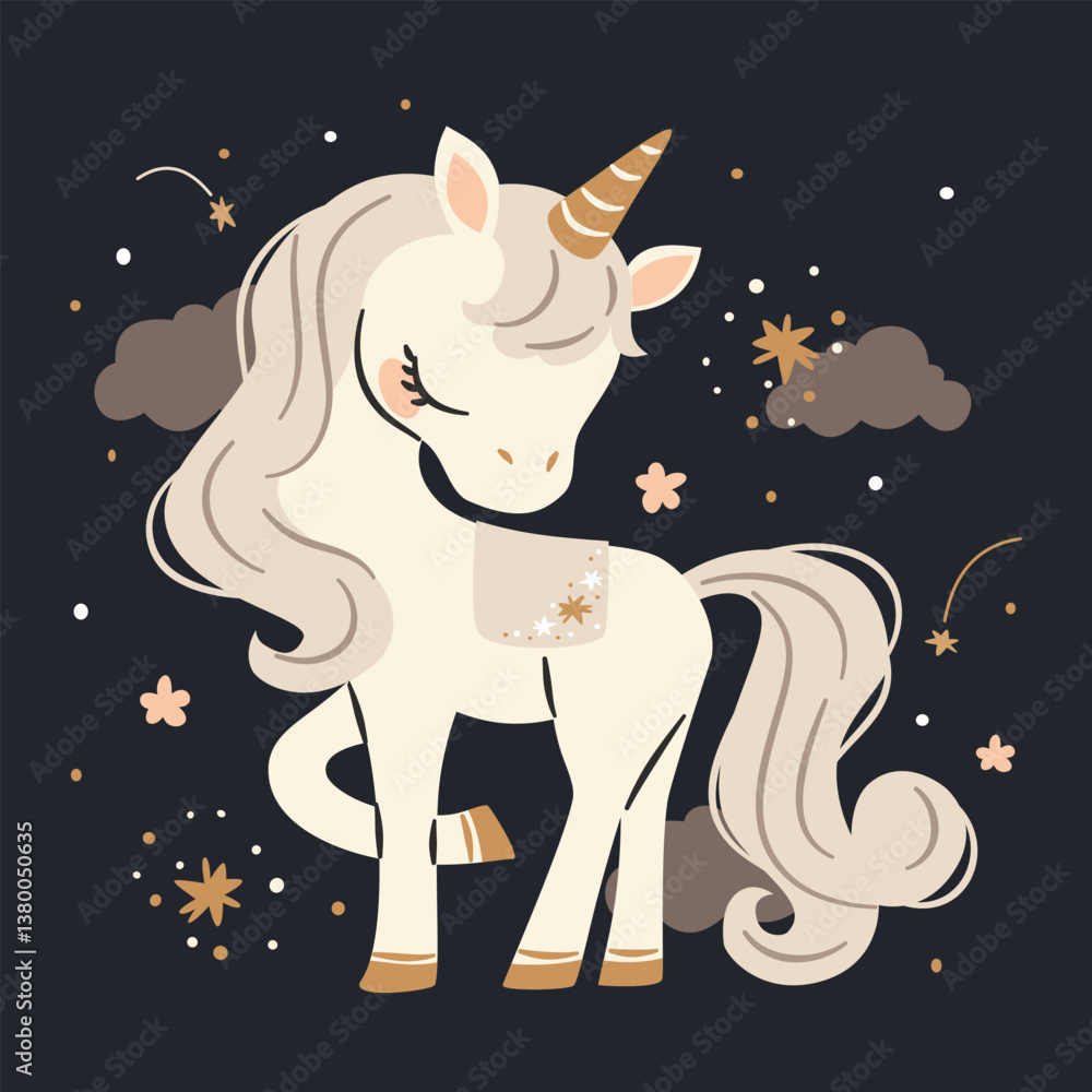 Canvas Prints flat vector illustration in a simple children's style. cute unicorn on dark background with stars an