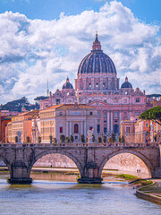 Fototapeta premium Rome city skyline, the iconic St. Peter's Basilica, and the River Tiber in the historic heart of Italy