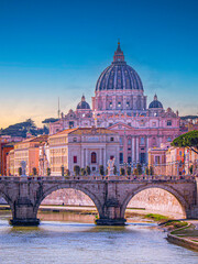 Fototapeta premium Rome city skyline in springtime, featuring the iconic St. Peter's Basilica and the graceful Ponte Sant'Angelo spanning the River Tiber in the historic heart of Italy’s eternal city