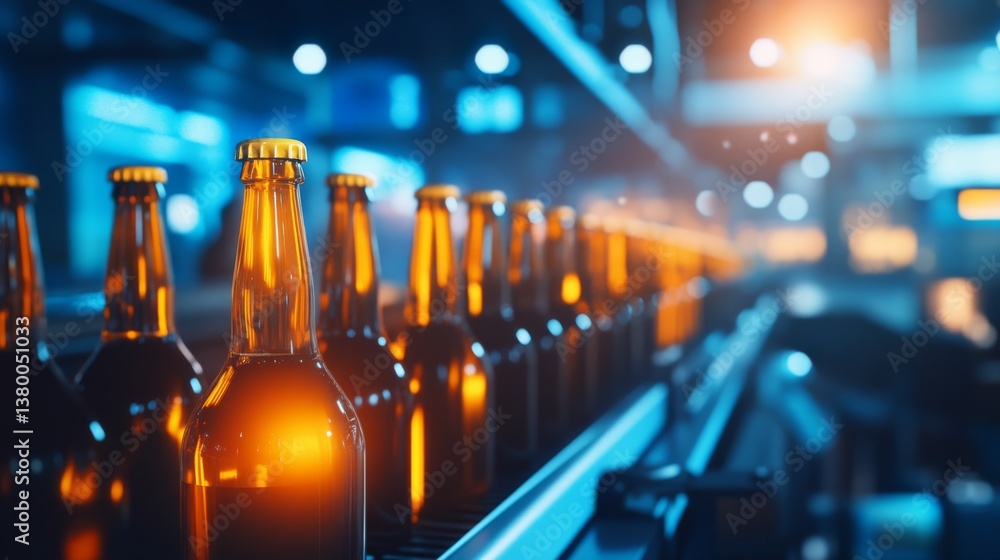Poster Bottles are being capped in synchronization on an automated conveyor belt system within a brewery, illuminated by bright industrial lighting