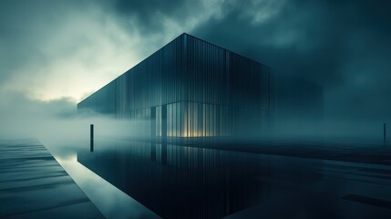 Mysterious foggy modern building reflected in water at dawn