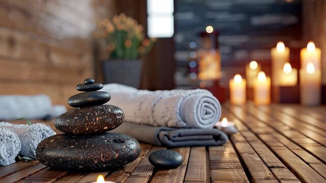 Experience a calming atmosphere with aromatic candles, smooth stones, and soft towels in a tranquil wellness retreat