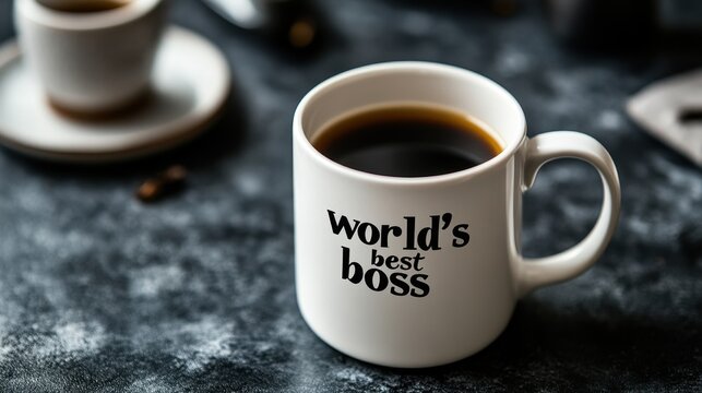 White mug with world's best boss text and black coffee on dark rustic table