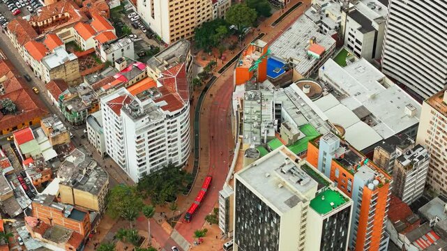Aerial drone fly famous political neighborhood of Bogot&aacute;, Colombia at Jimenez de Quesada Avenue and Continental Hotel
