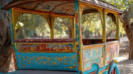 Obraz premium A Colorful Painted Carriage Exhibits Artistry And Historical Charm