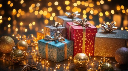 A vibrant display of colorful gift boxes with metallic bows