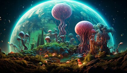 Fototapeta premium planet ecosystem with bizarre life forms evolved under completely 