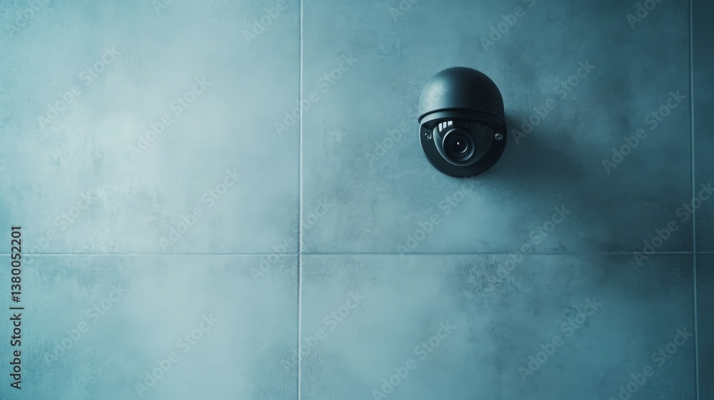 Poster a solitary security camera is mounted on a textured concrete wall, softly illuminated by natural lig