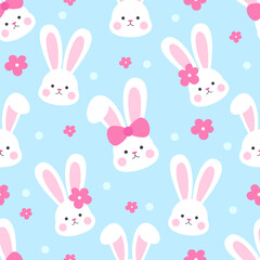 Bunny face seamless pattern on baby blue background vector illustration. Rabbit with a cute hair clip