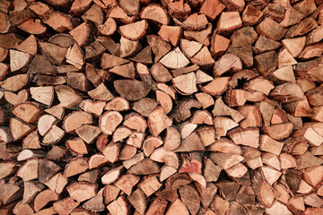 View of a Stack of Firewood. Background of Dry Chopped Logs in a Woodpile. Natural Texture. Preparation of Firewood for the Cold Winter