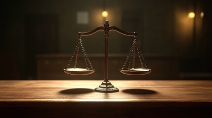 A timeless balance scale stands gracefully on a polished wooden surface, bathed in soft light, symbolizing fairness and measured judgment.