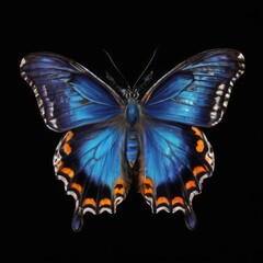 Obraz premium Symmetrical Butterfly CloseUp with Beautiful Blue Body, Black and Orange Wingspread Detailed Markings on Black Background