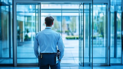 Security guard standing at glass doors of modern building.