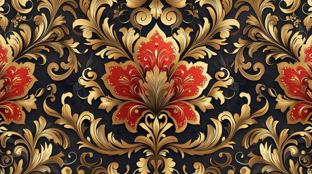 A rich, baroque-inspired seamless damask pattern, where intricate floral motifs and swirling arabesques unfold in regal shades of crimson and gold, evoking a sense of opulence and history. 