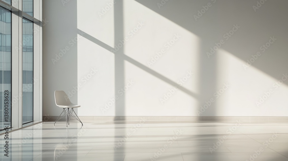 Aufkleber bright and airy studio features a minimalist design with a white chair and a camera on a tripod posi