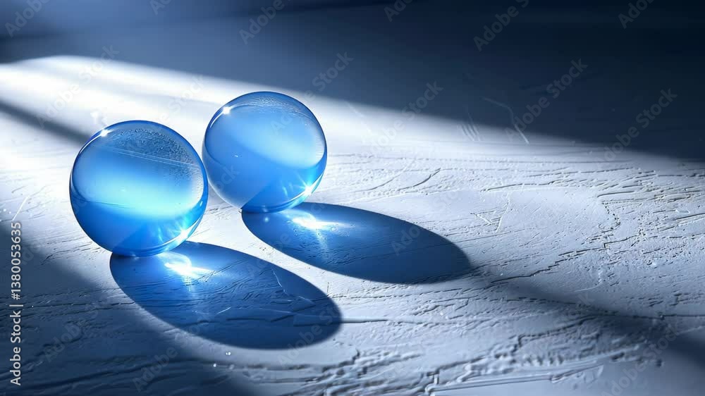 Poster two blue spheres shimmer in soft light, creating intriguing reflections and shadows on a textured su