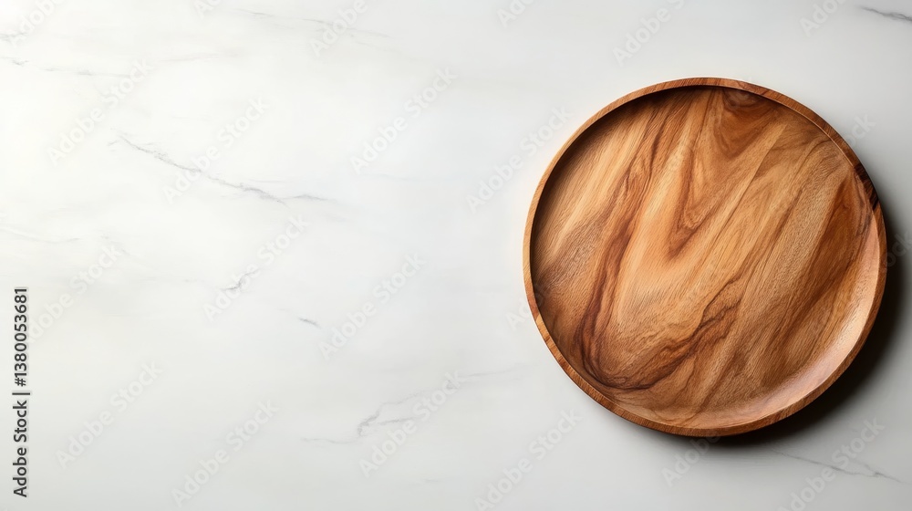 Poster this minimalist display features a circular wooden plate on a bright quartz countertop, showcasing a
