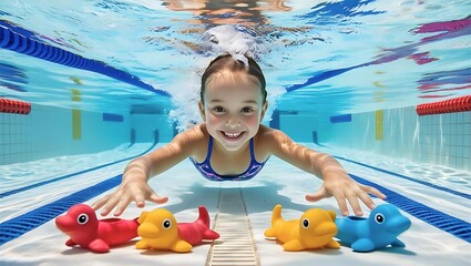 A realistic image of a smiling young woman swimming underwater in a swimming pool and reaching out with both hands to grab a toy on the pool floor.