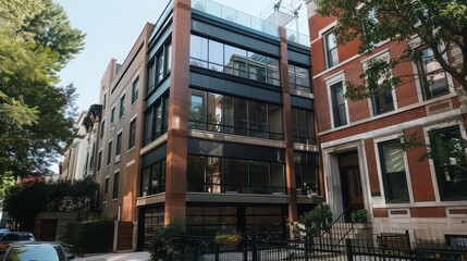 Fototapeta premium A trendy loft building with brick and glass exterior, located in a vibrant urban neighborhood 
