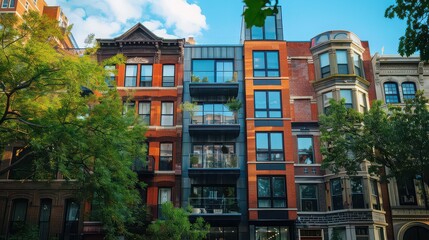 Obraz premium A trendy loft building with brick and glass exterior, located in a vibrant urban neighborhood 
