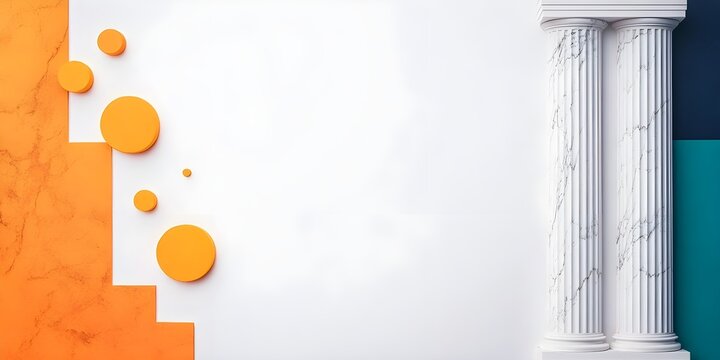 A white background with orange circles and a white pillar