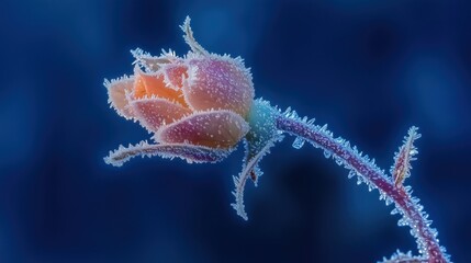 A single rosebud dusted with shimmering frost glows softly against a deep blue background, embodying nature&rsquo;s quiet elegance and fragility.

