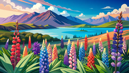 Fototapeta premium Lupins in bloom by the lake on a sunny spring day at Tekapo, New Zealand