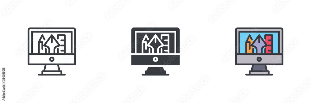Poster Computer monitor with a design tools different style icon set