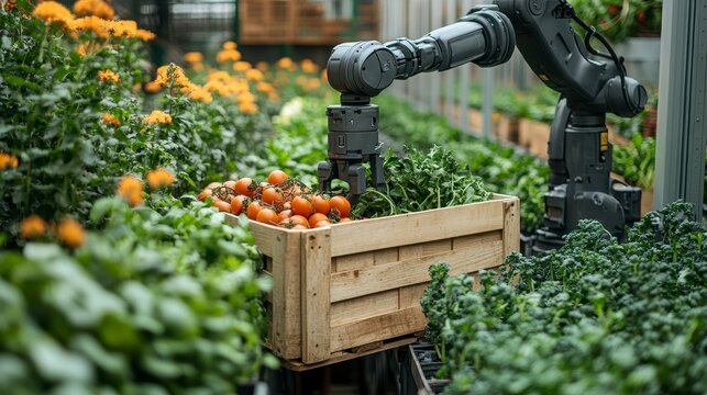 Robot arm harvesting ripe tomatoes into crate amongst lush greenery in greenhouse - Powered by Adobe