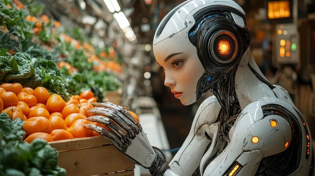 Robot inspecting produce. A blend of technology and nature in a market setting