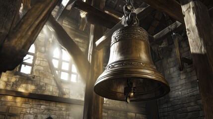Obraz premium Suspended from aged wooden beams, the metal bell gleams softly in the gentle light, echoing centuries of tradition within the stone tower.