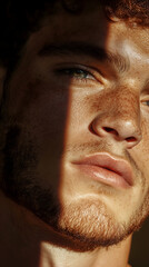 Close-up of young male face with freckles and clear skin in natural light, ideal for cosmetics, skincare, or health product advertisements.