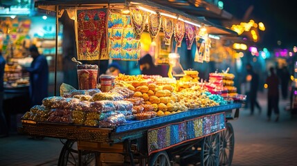 Fototapeta premium A vibrant market cart covered in bright colored gift packs