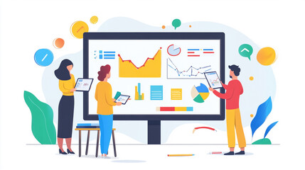 Team collaborating on data analysis and visualization in a modern workspace