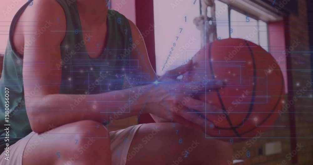 Poster basketball player holding ball with digital data processing animation overlay