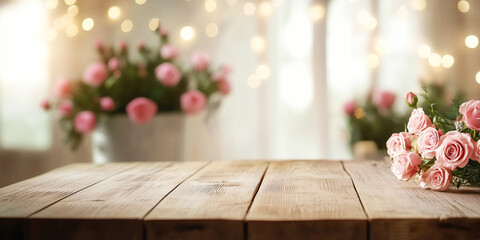 Empty wooden table for product placement with pink roses and gift box, festive bokeh lights in background, concept of product placement for Mother's Day, birthday, or romantic holidays.