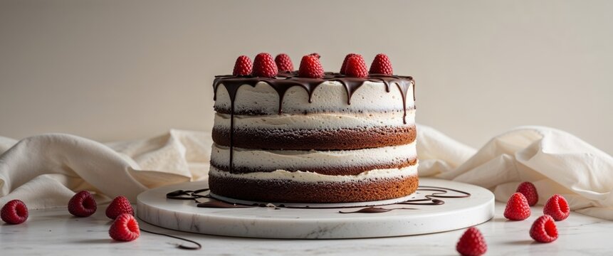 Layered Raspberry Cake with Creamy Frosting and Chocolate Drizzle Delight.
