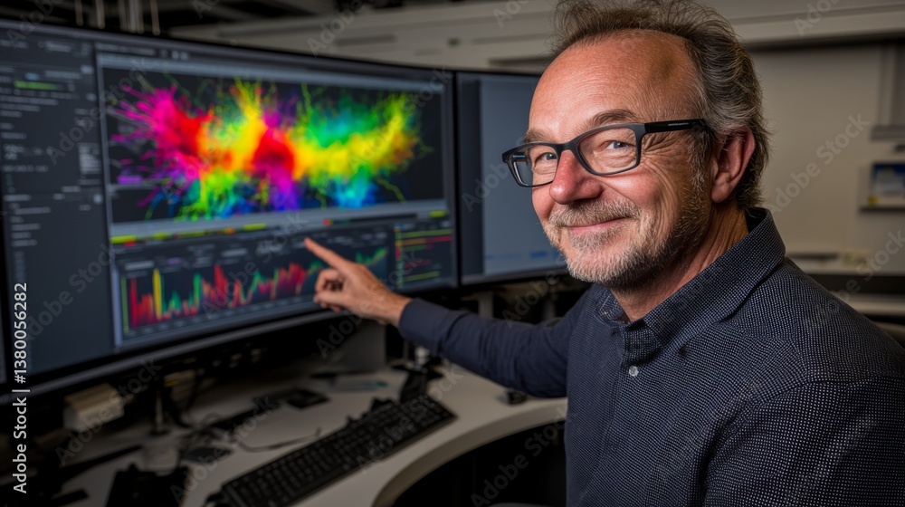 Aufkleber Over-the-shoulder view of an analyst pointing at a vibrant 3D chart on a large monitor, with detailed graphs displayed on additional screens in a tech workspace