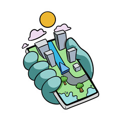 Smart City in Hand – Urban Mobile Concept Illustration – Hand drawn minimal