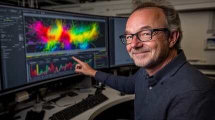 Over-the-shoulder view of an analyst pointing at a vibrant 3D chart on a large monitor, with detailed graphs displayed on additional screens in a tech workspace