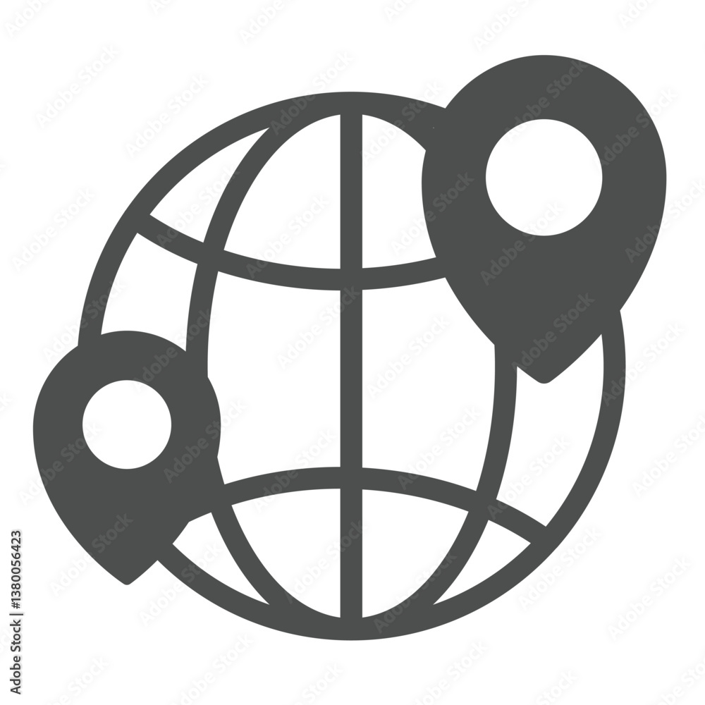 Poster globe and location pins solid icon, geo navigation concept. vector graphics. world globe with geoloc