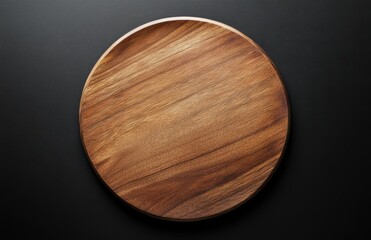 Wooden Plate on Dark Surface: A top-down view showcases a beautifully crafted round wooden plate, set against a dark, dramatic backdrop that enhances its natural grain and texture.