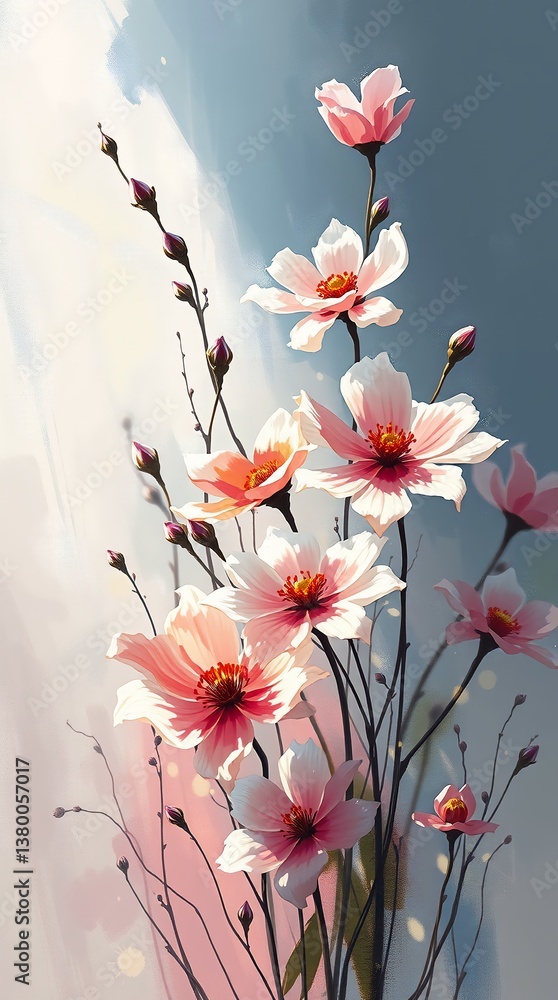 Poster Spring flowers in soft pink colors with delicate branches on abstract background