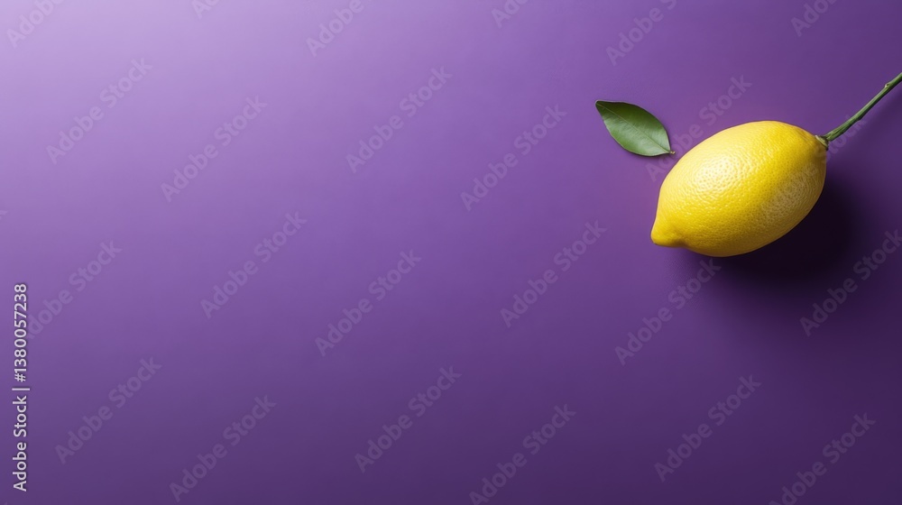 Poster a fresh lemon rests on a smooth lavender surface with a green leaf, illuminated by soft natural ligh