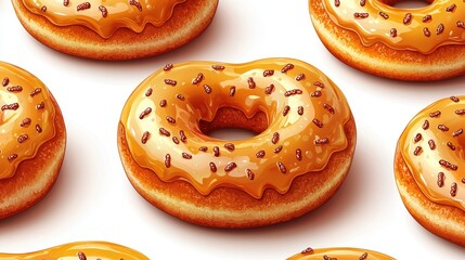 A seamless, high-contrast repeating pattern of perfectly formed, heart-shaped donuts against a stark white backdrop, capturing the essence of Valentine's Day with its vibrant hues and playful 