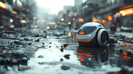 Futuristic robot cleaning polluted urban waterway